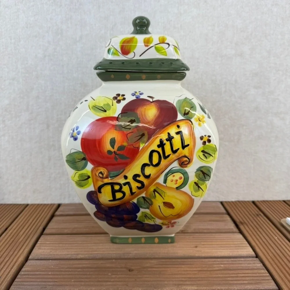 Nonni's Biscotti Cookie Jar Canister Fruits & Vines Hand Painted from Italy VTG